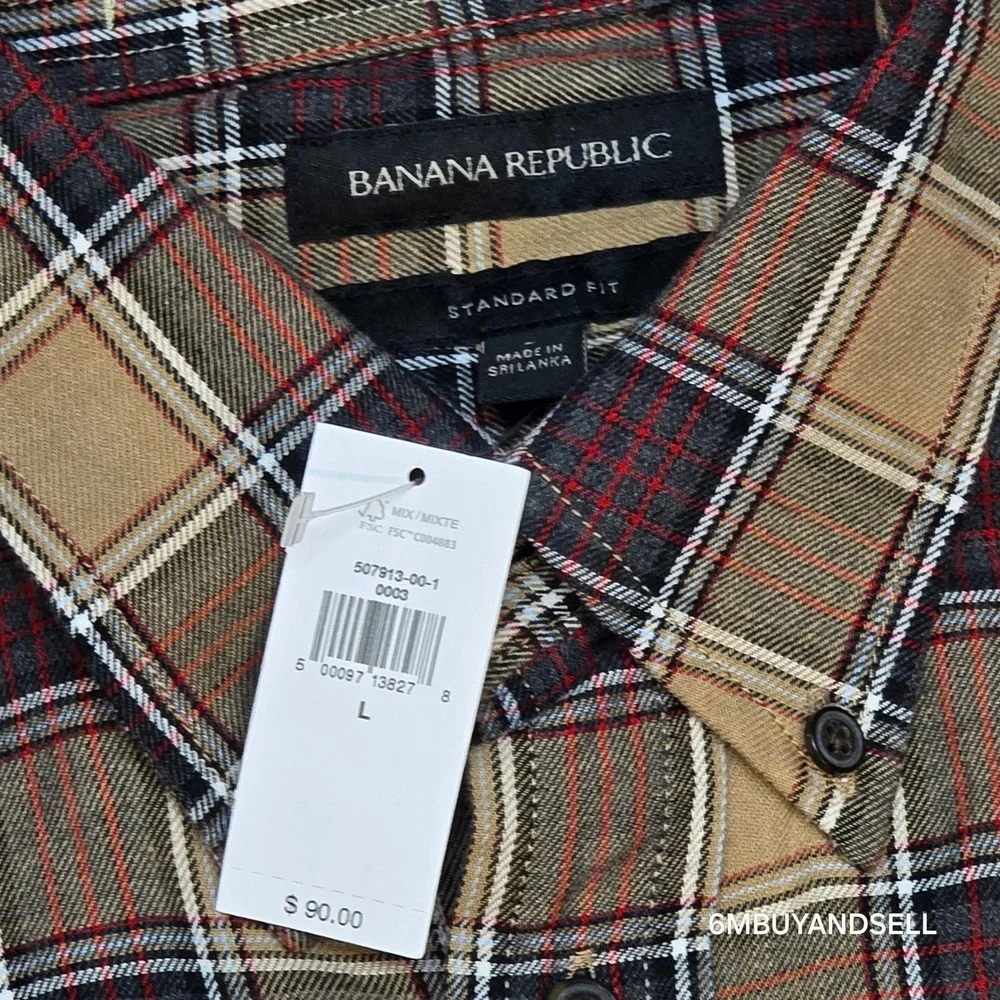 Banana Republic Mens L Plaid Flannel‎ Shirt Tan Brown Red NWT Cotton
